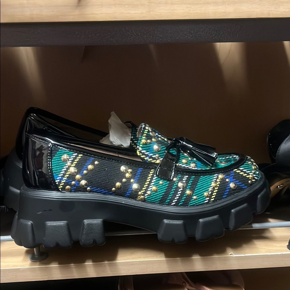 Green and Black Flats with Rugged Sole